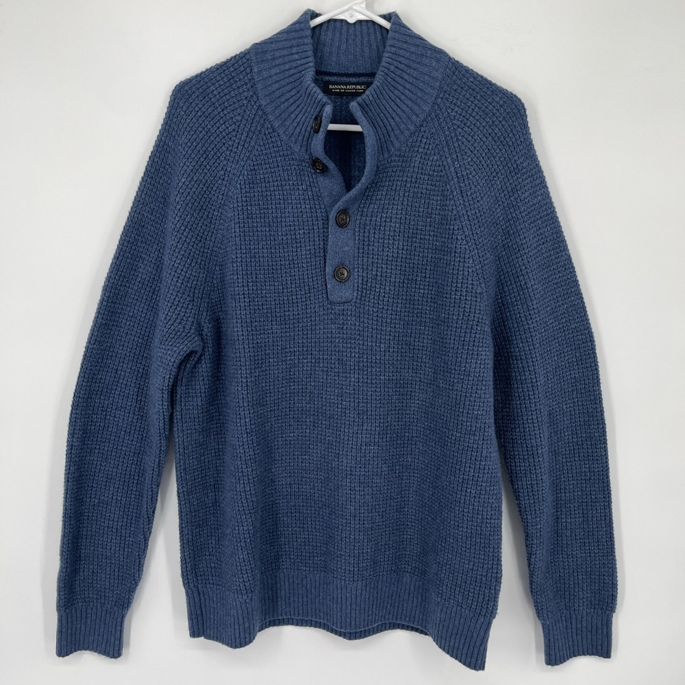 Banana Republic Sweater Mens LG Italian Wool Blue Waffle Knit Henley Pullover